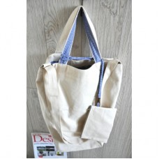 米白色麻布袋+藍色細格仔裡布(